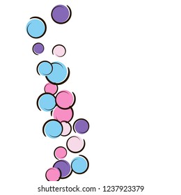 Polka dot background with comic pop art confetti. Big colored spots, spirals and circles on white. Vector illustration. Creative kids splatter for birthday party. Rainbow polka dot background.