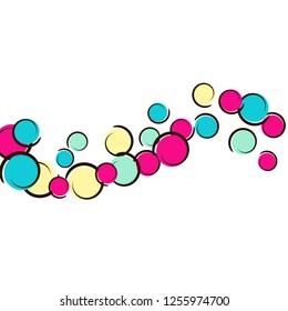 Polka dot background with comic pop art confetti. Big colored spots, spirals and circles on white. Vector illustration. Vibrant kids splatter for birthday party. Rainbow polka dot background.