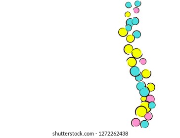 Polka dot background with comic pop art confetti. Big colored spots, spirals and circles on white. Vector illustration. Retro childish splash for birthday party. Rainbow polka dot background.