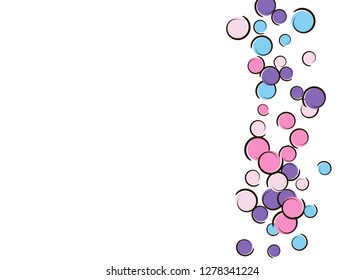 Polka dot background with comic pop art confetti. Big colored spots, spirals and circles on white. Vector illustration. Rainbow kids splatter for birthday party. Rainbow polka dot background.