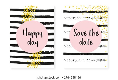 Fondo Polka Dot. Cubierta dorada brillante. Papel de escritorio de las madres blancas. Volante negro. Invitación de cumpleaños de Stripe. Conjunto de ilustraciones metálicas. Textil de fiesta rosa. Fondo del punto del Polka dorado