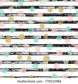 Polka dot background with Paint Brush Strokes. Hand drawn Grunge Stripes and Doodle Circles seamless pattern. Abstract geometric pattern