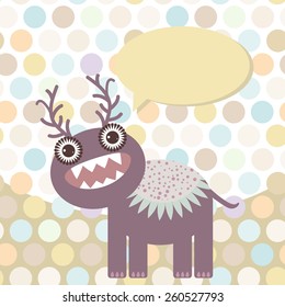 Polka dot background, pattern. Funny cute monster on dot background. Vector