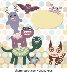 Polka dot background, pattern. Funny cute dinosaur monsters on dot background. Vector