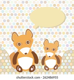 Polka dot background, pattern. Funny cute fox with speech bubble. Vector