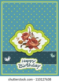 Polka dot background with ribbon and frame. Vintage Elegance Greeting card design. Happy Birthday vector illustration with flowers.