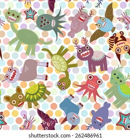 Polka dot background, seamless pattern. Funny cute dinosaur monsters. Vector