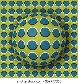 Polka dot ball rolling along the polka dot surface. Abstract vector optical illusion illustration. Extravagant background and tile of seamless wallpaper.