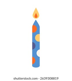 Polka dot birthday candle with flame in blue and multicolor design. Flat vector illustration isolated on white background