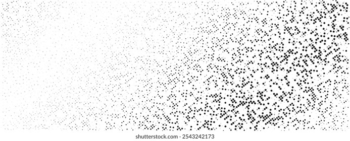 Polka Dot Black Noise Texture On White Background. Dotted Futuristic Backdrop. Halftone Comic Grunge Pattern. Irregular Grain Overlay Bg.