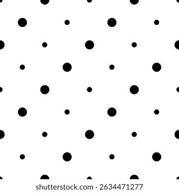 Polka Dot schwarz-weiß nahtloses Muster handgezeichnete Vektorgrafik, dekorative monochrome Textur von runden Kreisen verschiedener Größen, einfache minimalistische Wiederholungsornament für Textilien, Geschenkpapier