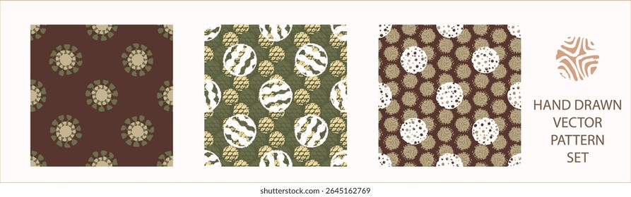 Polka dot blockprint seamless vector pattern set. Collection of neutral unisex whimsical style for wallpaper, backdrops and handmade print texture. All over vintage background. 