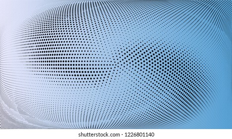 Polka dot blue black halftone pattern. Gradient dots background. Modern wide vector illustration. Abstract curves. Points backdrop. Bright colors dotted spotted pattern