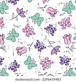 Mariposas de punto de polka y patrón de rosas con fondo de mosaico