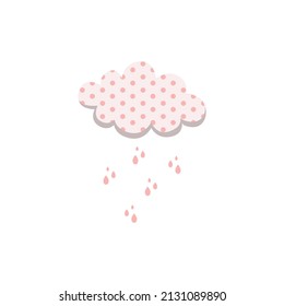 Polka dot cartoon cloud with raindrops. Spring baby print, Vector simple illustration. Pastel colors, pink, grey, mother's day, farm, easter, spring day, garden. For fabric, background, cover, paper