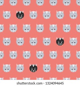 Polka dot cats seamless vector pattern. Cute kitty faces on circles background coral red. Geometric fun kids design. Use for fabric, kids decor, gift wrap, packaging, digital paper, cards, nursery.