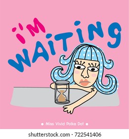 Polka dot character with wording i'm waiting pink background.