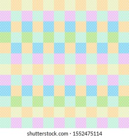 Polka dot checkered background seamless pattern with orange pink blue yellow green squares and checks. Pop art backdrop, baby shower wallpaper, multicolored wrapping paper Cartoon vector illustration