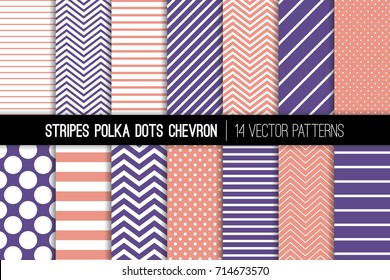 Polka Dot, Chevron and Diagonal and Horizontal Stripes Vector Patterns in Coral Pink and Violet. Modern Minimal Backgrounds. Tiny and Jumbo Spots and Various Thickness Lines. Tile Swatches Included.