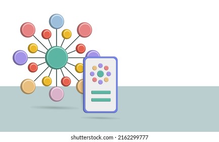 Un círculo de puntos polka con una línea conectada al círculo principal e icono del smartphone para un diagrama esquemático, de flujo o como una molécula atómica
