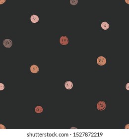 Punto Polka, círculos dibujados a mano vectorial sin fisuras. Sencilla textura geométrica circular. Formas dibujadas a mano con escarabajo de color otoño sobre fondo oscuro. Fondo de escritorio abstracto minimalista, fondo