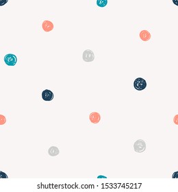 Polka dot, circles hand drawn vector seamless pattern. Circular geometrical simple texture. Multicolored Scribble hand drawn shapes on light background. Minimalist abstract wallpaper, background