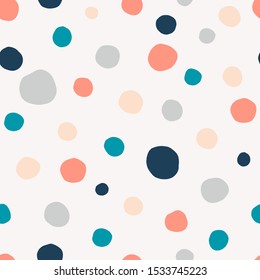 Polka dot, circles hand drawn vector seamless pattern. Circular geometrical simple texture. Multicolored shapes on light background. Minimalist abstract wallpaper, background textile design