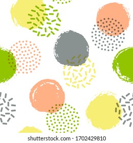 Polka dot circles seamless fabric print pattern. Painted round shapes geometric vector background. Grunge polka dot seamless ornament, trendy circles wallpaper. Memphis points bubbles print.