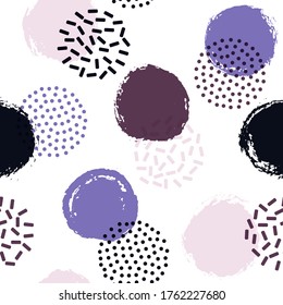 Polka dot umschließt nahtlose Stoffmuster. Anstrichene runde Formen geometrischer Vektorhintergrund. Grunge polka Punkt nahtlose Ornament, einfache Kreise Wallpaper. Stilpunkte und Blasen der 90er Jahre.