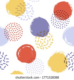 Polka dot circles seamless fabric print pattern. Hand drawn round shapes geometric vector background. Grunge polka dot seamless ornament, funky circles wallpaper. Memphis flat bubbles print.