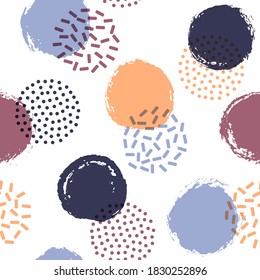 Los círculos de puntos de la polka recorren perfectamente el patrón de impresión de tela. Formas dibujadas a mano y formas redondeadas de medio tono de fondo vectorial. Papel mural de color de un punto de polka sin costura, de círculos sencillos. Puntos de estilo de los años 80 y burbujas.