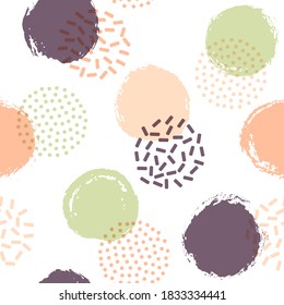 Polka dot circles seamless fabric print pattern. Hand drawn round shapes geometric vector background. Grunge polka dot seamless ornament, funky circles wallpaper. 90s style points and bubbles.