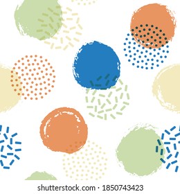 Polka dot circles seamless fabric print pattern. Painted and halftone round shapes vector background. Grunge polka dot seamless ornament, funky circles wallpaper. Retro points bubbles print.