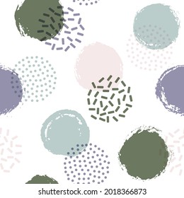 Los círculos de puntos de la polka recorren perfectamente el patrón de impresión de tela. Fondo vectorial geométrico con formas redondeadas dibujadas a mano. Papel de fondo de color de un punto de polka sin costura, de círculos aleatorios. Diseño de estilo de los años 90.