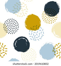 Polka dot circles seamless fabric print pattern. Hand drawn and halftone round shapes vector background. Grunge polka dot seamless ornament, hipster circles wallpaper. Flat graphic design.