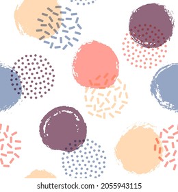 Polka dot circles seamless fabric print pattern. Painted round shapes geometric vector background. Grunge polka dot seamless ornament, scattered circles wallpaper. Fashion design.