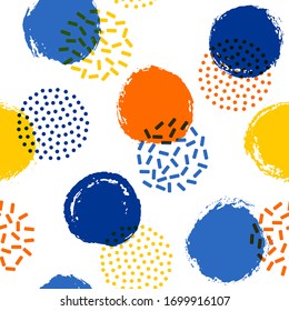 Polka dot circles seamless textile print pattern. Hand drawn round shapes geometric vector background. Grunge polka dot seamless ornament, hipster circles wallpaper. Fashion design.