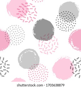 Polka dot circles seamless textile print pattern. Painted and halftone round shapes vector background. Grunge polka dot seamless ornament, hipster circles wallpaper. Memphis style print design.
