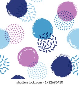 Polka dot circles seamless textile print pattern. Hand drawn round shapes geometric vector background. Grunge polka dot seamless ornament, colorful circles wallpaper. Memphis flat bubbles print.