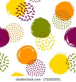 Polka dot circles seamless textile print pattern. Painted round shapes geometric vector background. Grunge polka dot seamless ornament, random circles wallpaper. Points bubbles print.
