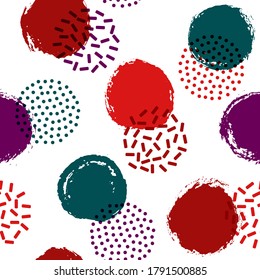 Polka dot circles seamless textile print pattern. Hand drawn and halftone round shapes vector background. Grunge polka dot seamless ornament, modern circles wallpaper. Retro points bubbles print.