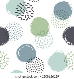Los círculos de puntos de la Polka giran en torno a un patrón de impresión textil sin fisuras. Formas dibujadas a mano y formas redondeadas de medio tono de fondo vectorial. Papel de fondo de color de pulir sin costura con un punto de polka. Diseño gráfico plano.