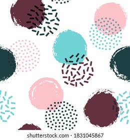 Polka dot circles seamless textile print pattern. Painted and halftone round shapes vector background. Grunge polka dot seamless ornament, random circles wallpaper. 90s style points and bubbles.