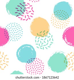Polka dot circles seamless textile print pattern. Hand drawn round shapes geometric vector background. Grunge polka dot seamless ornament, hipster circles wallpaper. 90s style design.