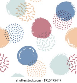 Polka Dot Circles Seamless Textile Print Pattern. Painted And Halftone Round Shapes Vector Background. Grunge Polka Dot Seamless Ornament, Random Circles Wallpaper. 80s Style Design.