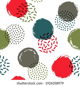 Polka dot circles seamless textile print pattern. Hand drawn round shapes geometric vector background. Grunge polka dot seamless ornament, minimal circles wallpaper. Memphis flat bubbles print.