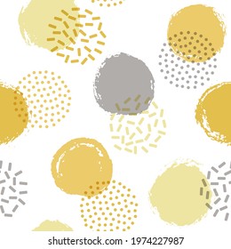 Polka dot circles seamless textile print pattern. Painted and halftone round shapes vector background. Grunge polka dot seamless ornament, colorful circles wallpaper. Flat bubbles print.