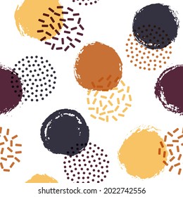 Los círculos de puntos de la Polka giran en torno a un patrón de impresión textil sin fisuras. Formas redondeadas pintadas fondo vectorial geométrico. Papel de fondo de color y ornamento sin costura de un punto de polka de color. Diseño gráfico plano.