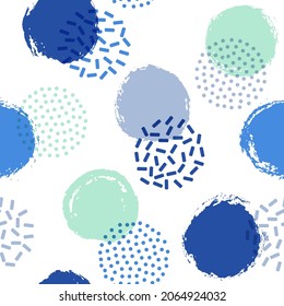 Polka dot circles seamless textile print pattern. Painted and halftone round shapes vector background. Grunge polka dot seamless ornament, random circles wallpaper. Pop art design.