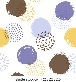 Los círculos de puntos de la Polka giran en torno a un patrón de impresión textil sin fisuras. Formas dibujadas a mano y formas redondeadas de medio tono de fondo vectorial. Papel de fondo de color de un punto de polka sin costura, de círculos aleatorios. Diseño de época.